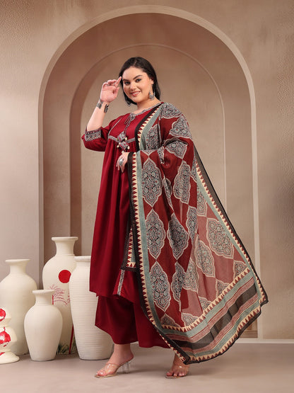 Plus Size Maroon Solid Cotton Kurta Pant Dupatta Set