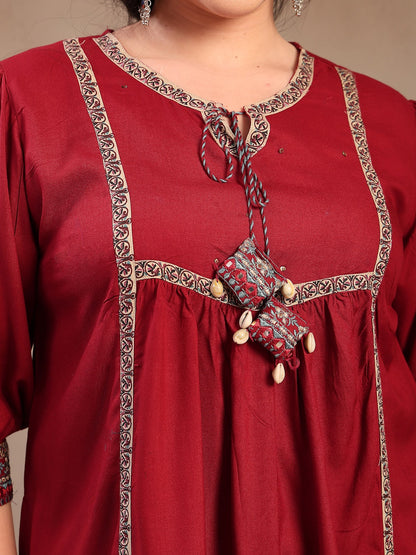 Plus Size Maroon Solid Cotton Kurta Pant Dupatta Set