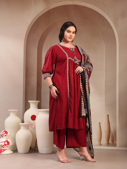 Plus Size Maroon Solid Cotton Kurta Pant Dupatta Set