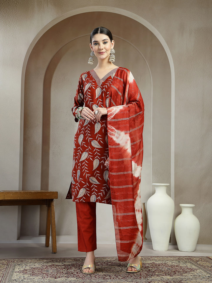 Floral Printed Roman Silk Straight Kurta Pant Dupatta Set
