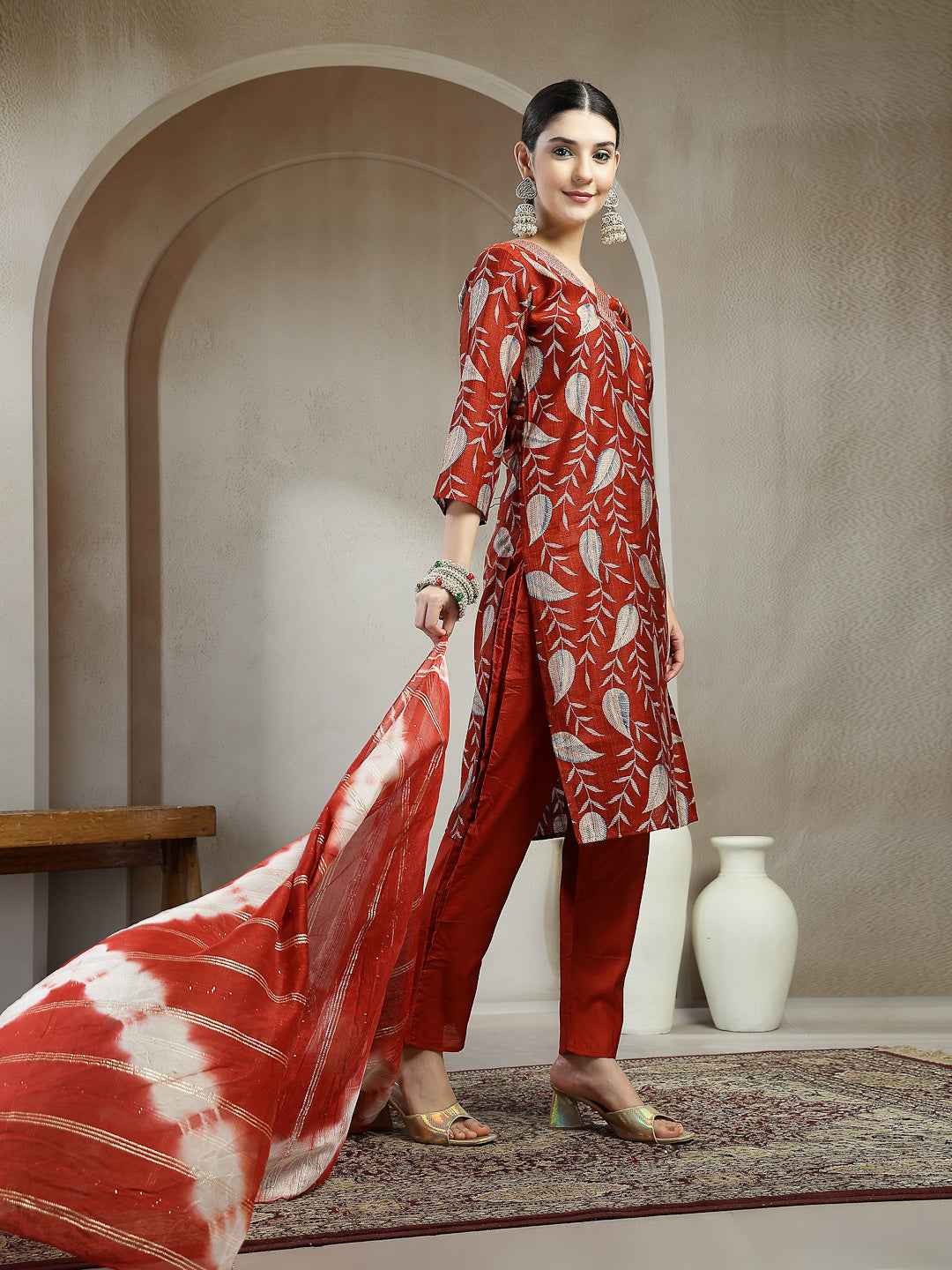 Floral Printed Roman Silk Straight Kurta Pant Dupatta Set