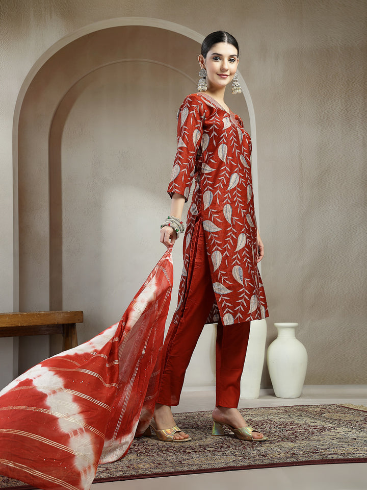 Floral Printed Roman Silk Straight Kurta Pant Dupatta Set