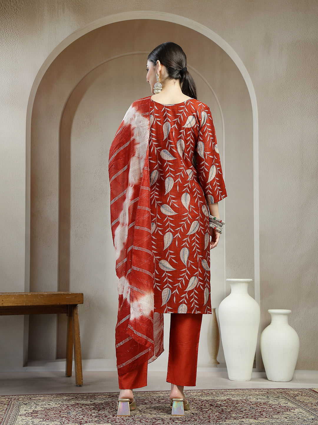 Floral Printed Roman Silk Straight Kurta Pant Dupatta Set