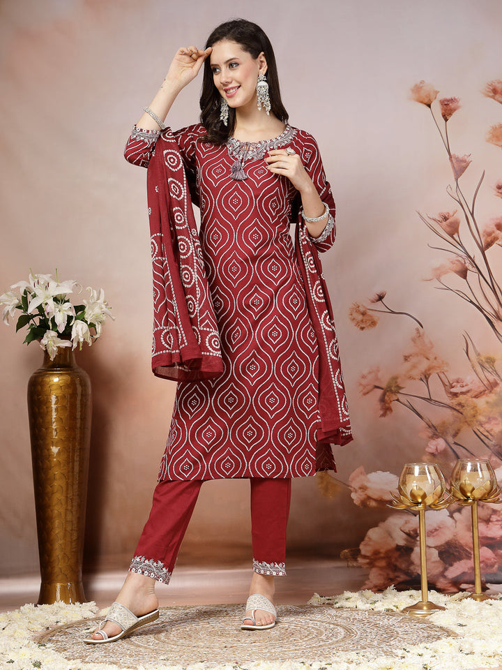Maroon Bandhani Printed &amp; Embroidered Cotton Straight Kurta Pant Dupatta Set