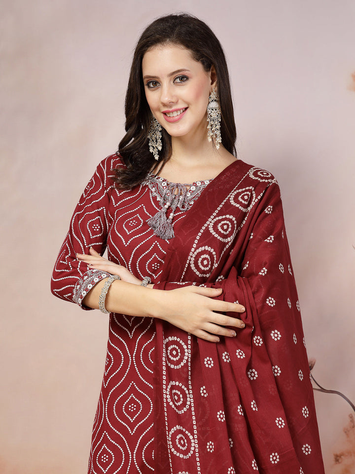 Maroon Bandhani Printed &amp; Embroidered Cotton Straight Kurta Pant Dupatta Set