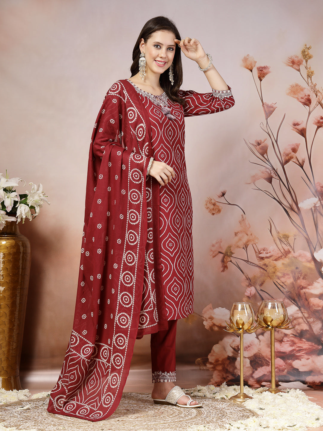 Maroon Bandhani Printed & Embroidered Cotton Straight Kurta Pant Dupatta Set (Pre-Order)