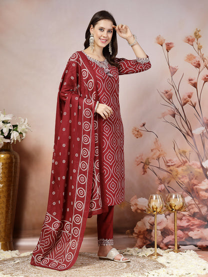 Maroon Bandhani Printed & Embroidered Cotton Straight Kurta Pant Dupatta Set (Pre-Order)