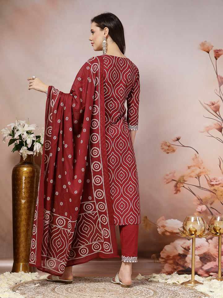 Maroon Bandhani Printed &amp; Embroidered Cotton Straight Kurta Pant Dupatta Set