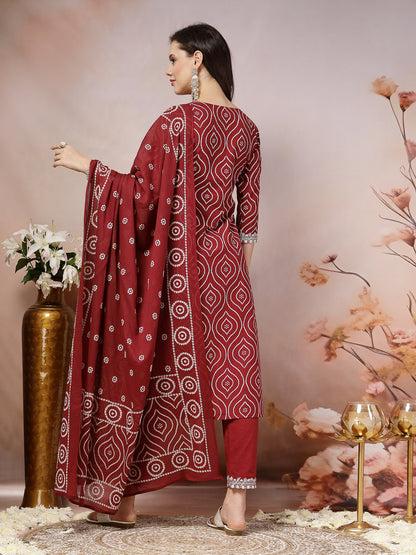 Maroon Bandhani Printed & Embroidered Cotton Straight Kurta Pant Dupatta Set (Pre-Order)