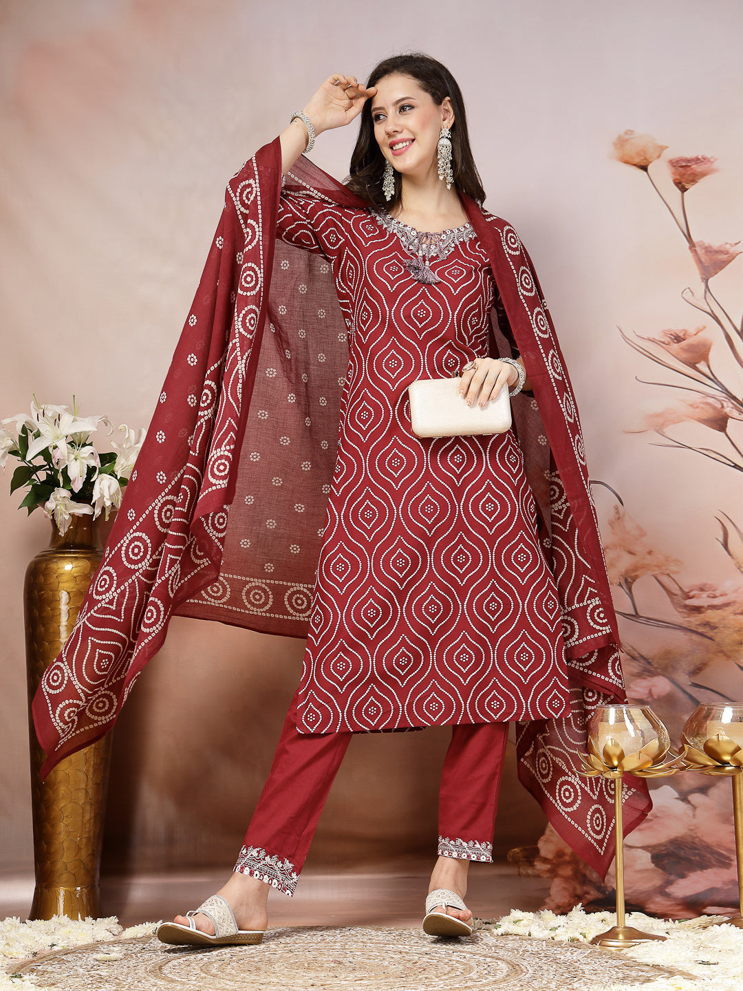 Maroon Bandhani Printed &amp; Embroidered Cotton Straight Kurta Pant Dupatta Set