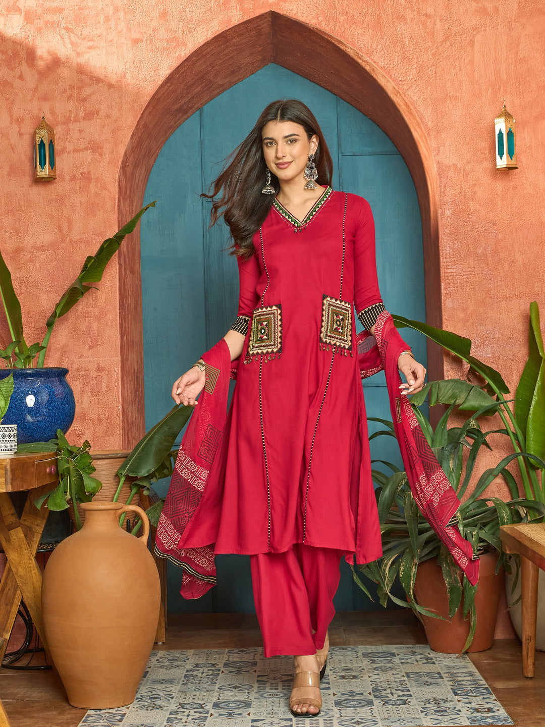Solid Rayon Straight Kurta Palazzo Dupatta Set