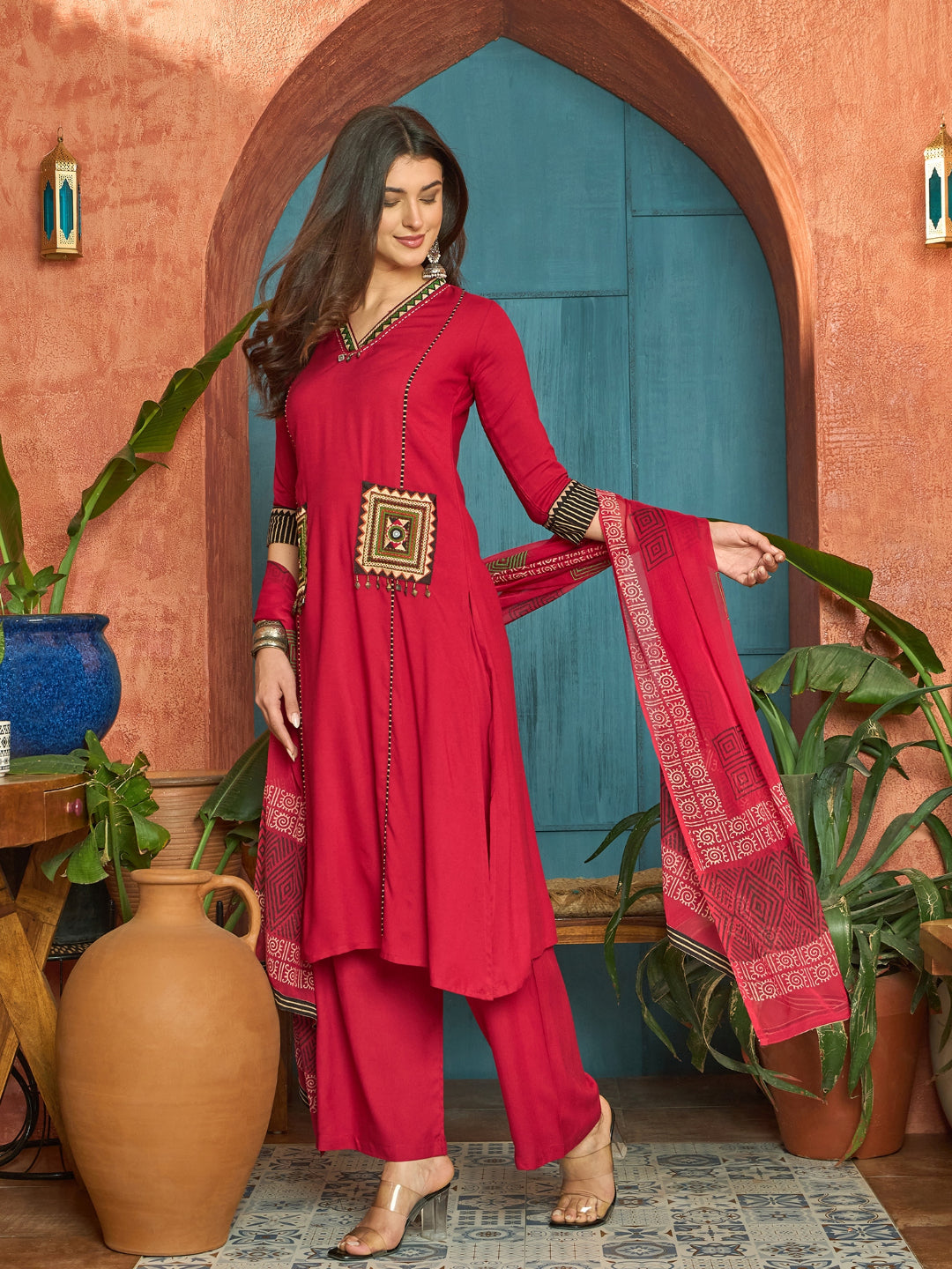 Solid Rayon Straight Kurta Palazzo Dupatta Set
