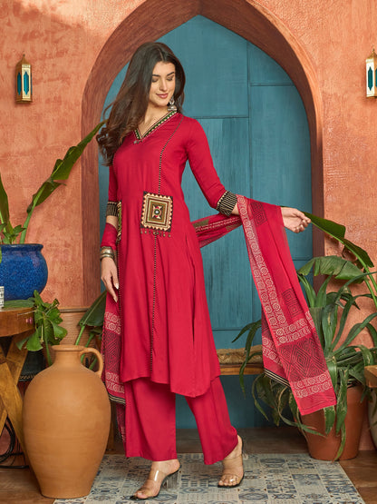 Solid Rayon Straight Kurta Palazzo Dupatta Set