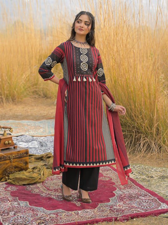 Striped Printed Cotton Straight Kurta Pant Dupatta Set