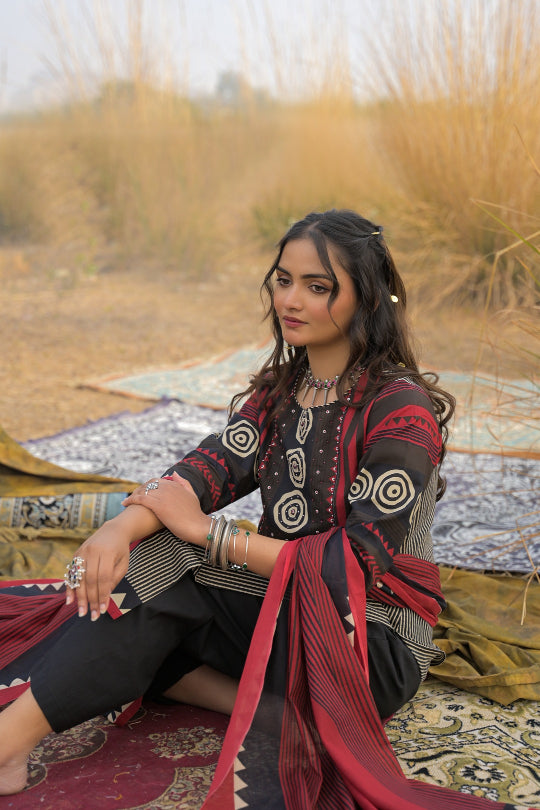 Striped Printed Cotton Straight Kurta Pant Dupatta Set