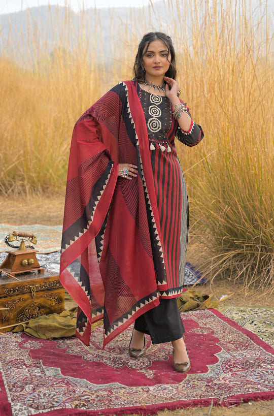 Striped Printed Cotton Straight Kurta Pant Dupatta Set