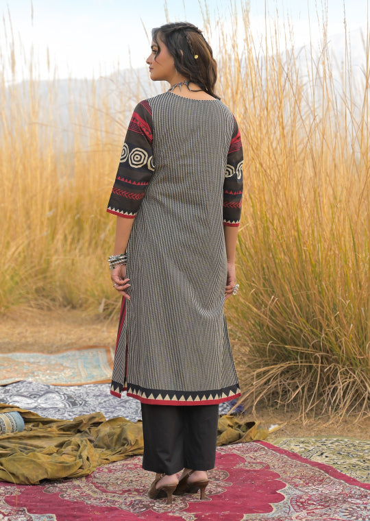 Striped Printed Cotton Straight Kurta Pant Dupatta Set