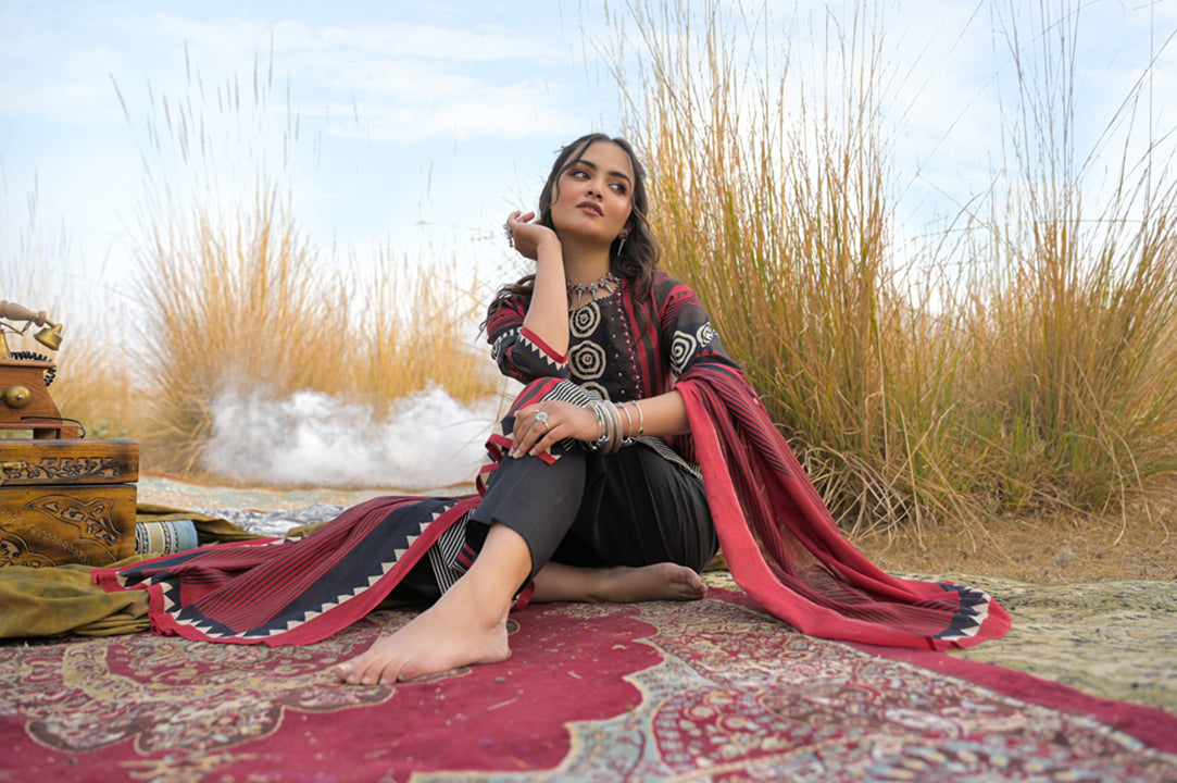 Striped Printed Cotton Straight Kurta Pant Dupatta Set