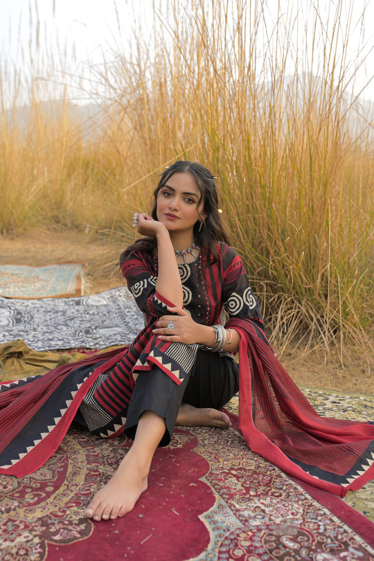 Striped Printed Cotton Straight Kurta Pant Dupatta Set