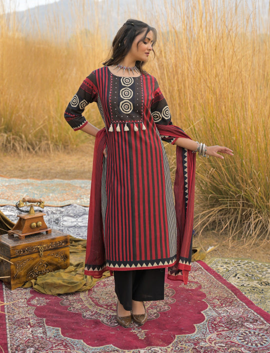 Striped Printed Cotton Straight Kurta Pant Dupatta Set