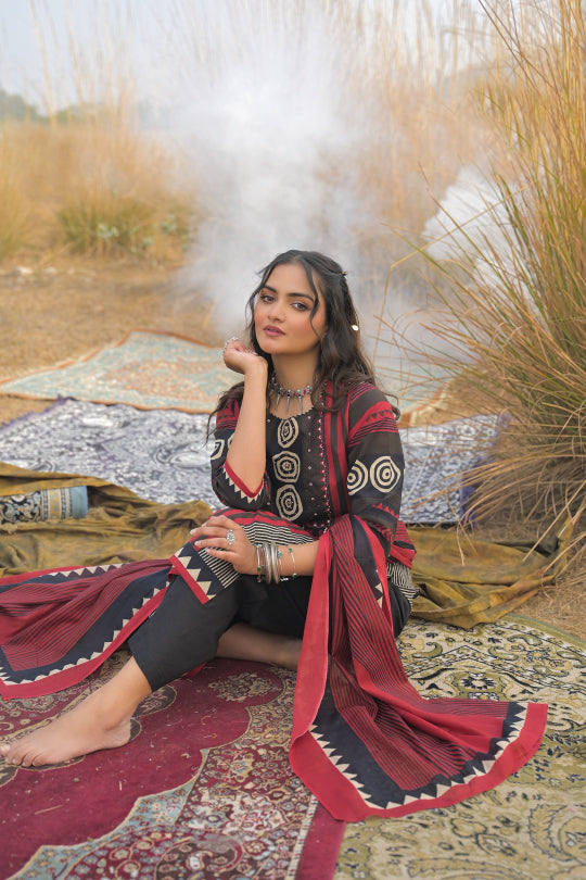 Striped Printed Cotton Straight Kurta Pant Dupatta Set