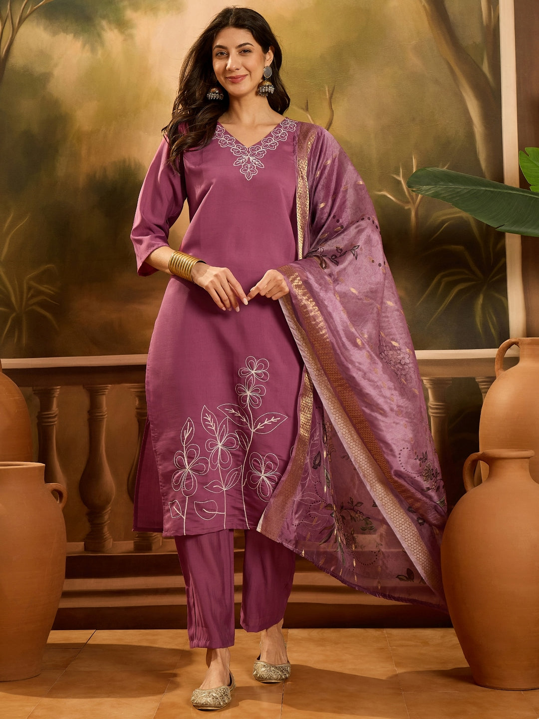 Mauve Solid &amp; Embroidered Silk Blend Straight Kurta Pant Dupatta Set