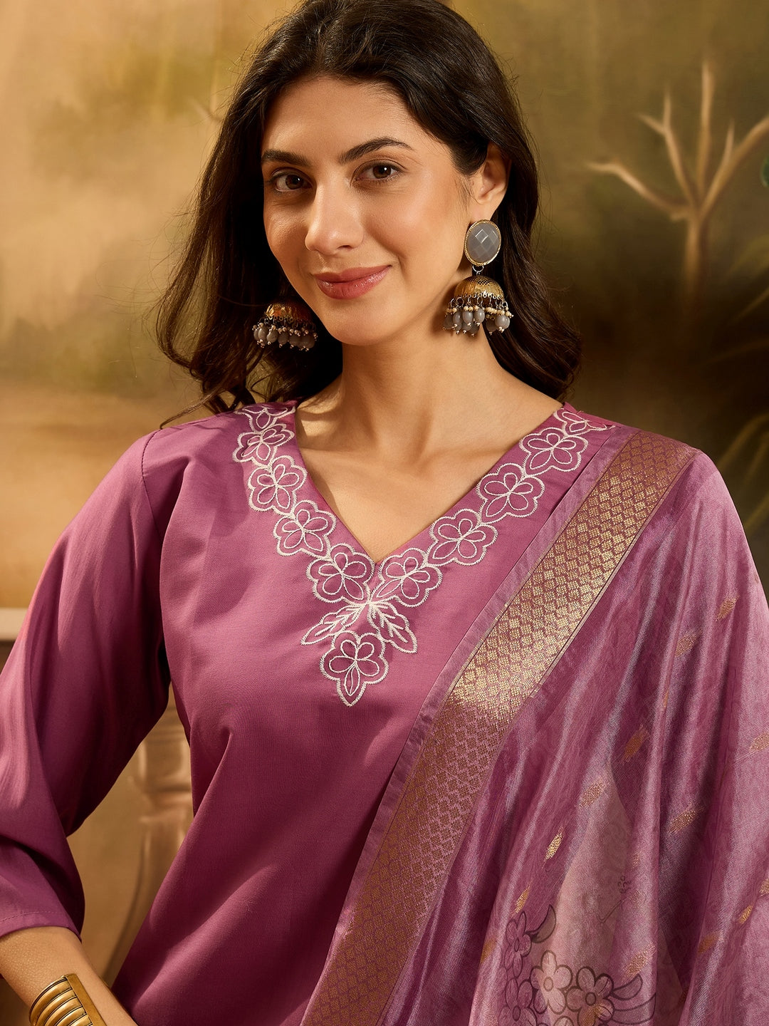 Mauve Solid &amp; Embroidered Silk Blend Straight Kurta Pant Dupatta Set