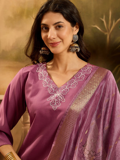 Mauve Solid & Embroidered Silk Blend Straight Kurta Pant Dupatta Set (Pre-Order)