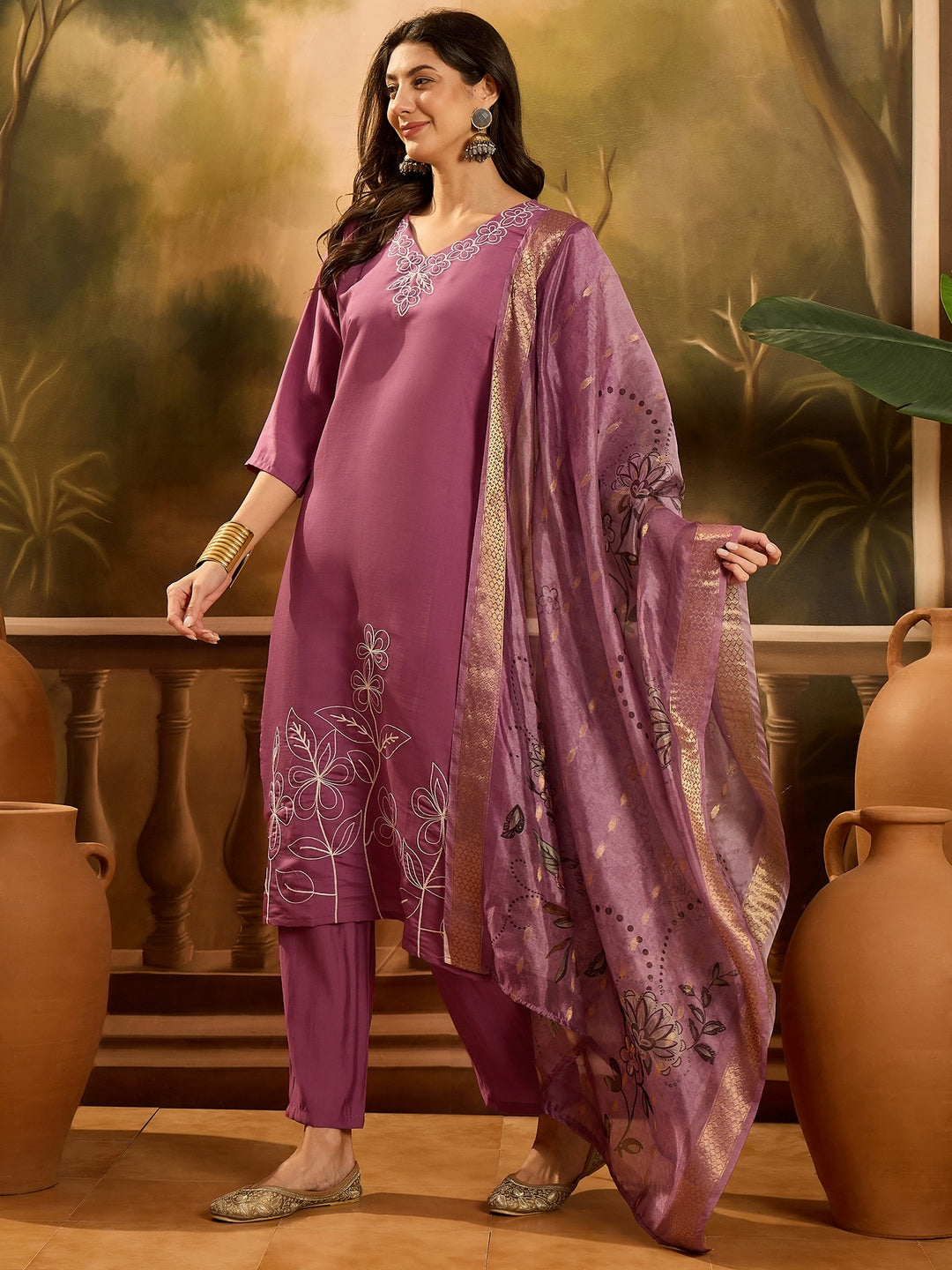 Mauve Solid &amp; Embroidered Silk Blend Straight Kurta Pant Dupatta Set