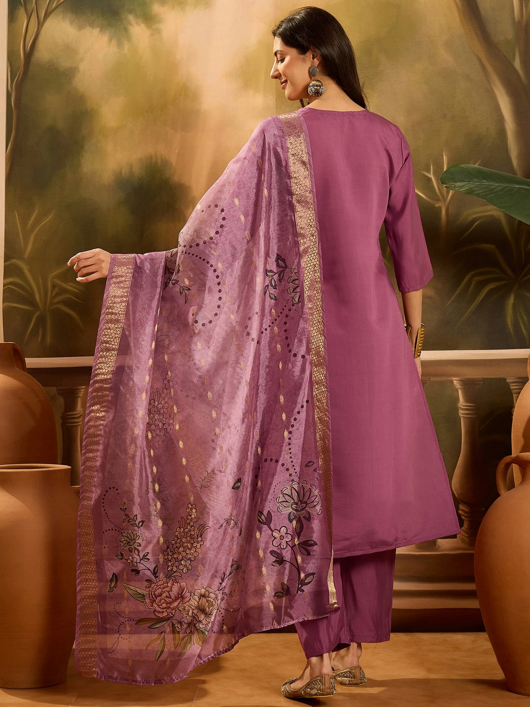 Mauve Solid &amp; Embroidered Silk Blend Straight Kurta Pant Dupatta Set