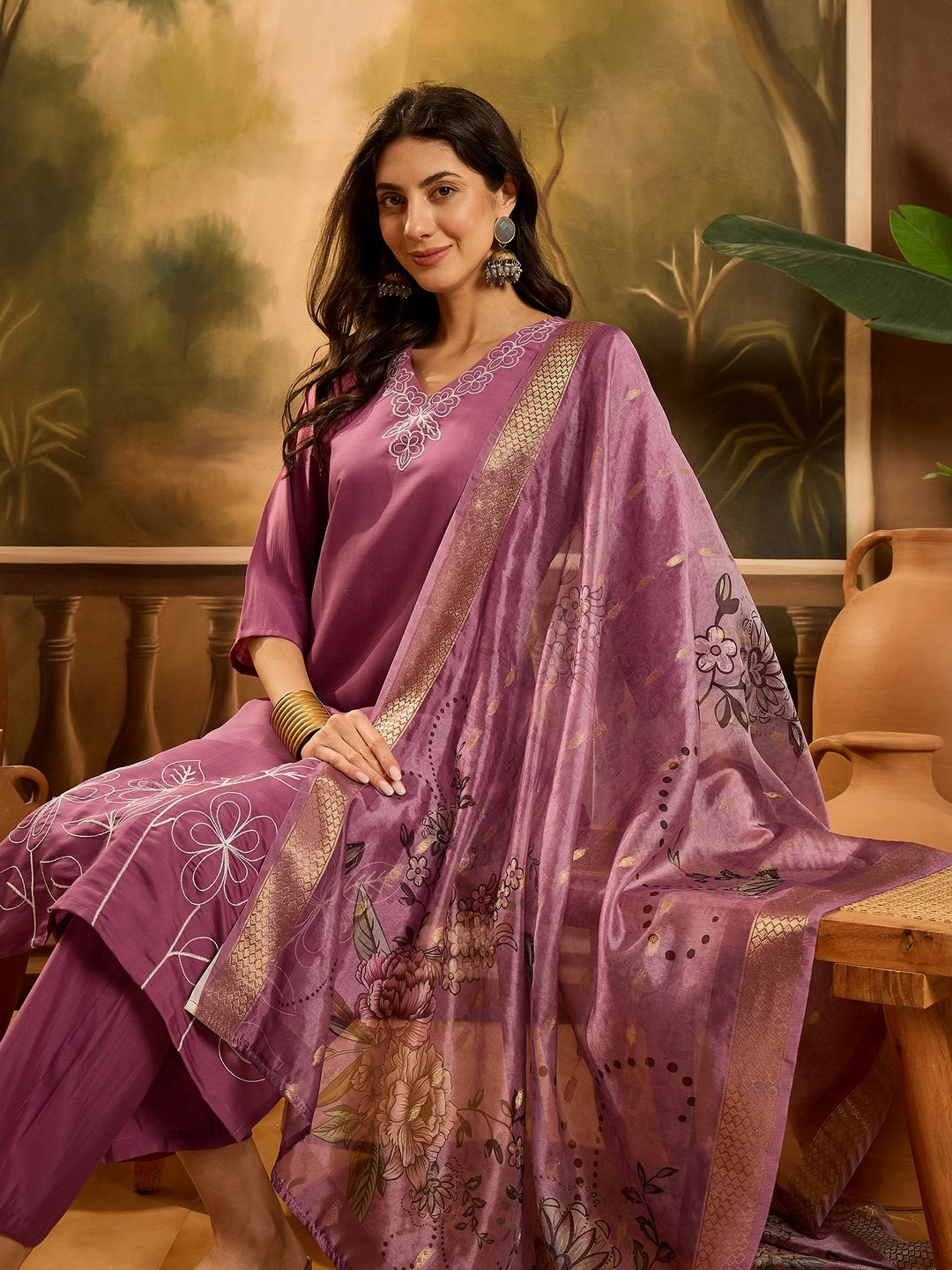 Mauve Solid &amp; Embroidered Silk Blend Straight Kurta Pant Dupatta Set