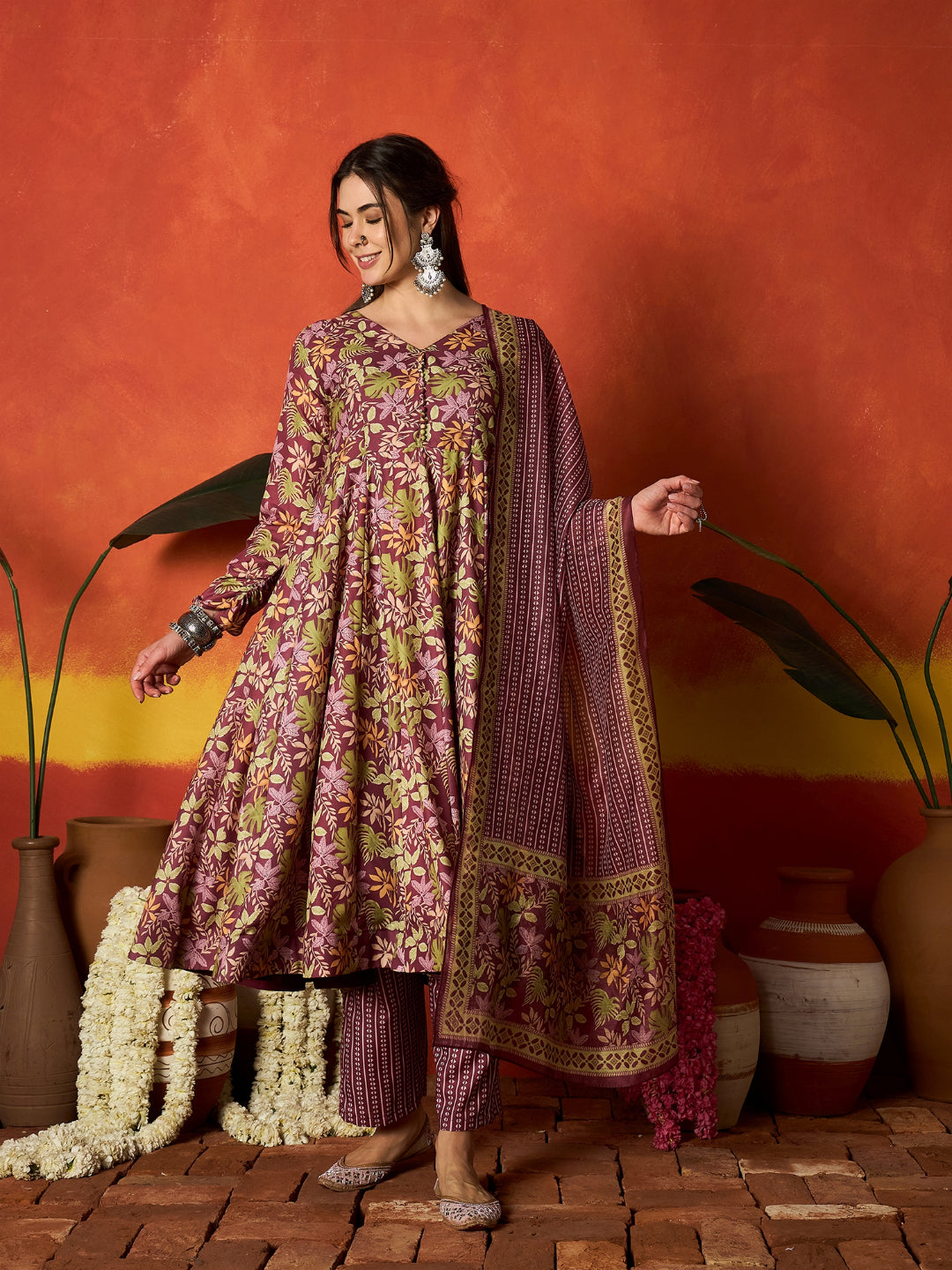 Floral Printed Rayon Anarkali Kurta Pant Dupatta Set