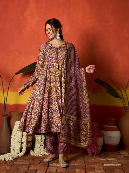 Floral Printed Rayon Anarkali Kurta Pant Dupatta Set