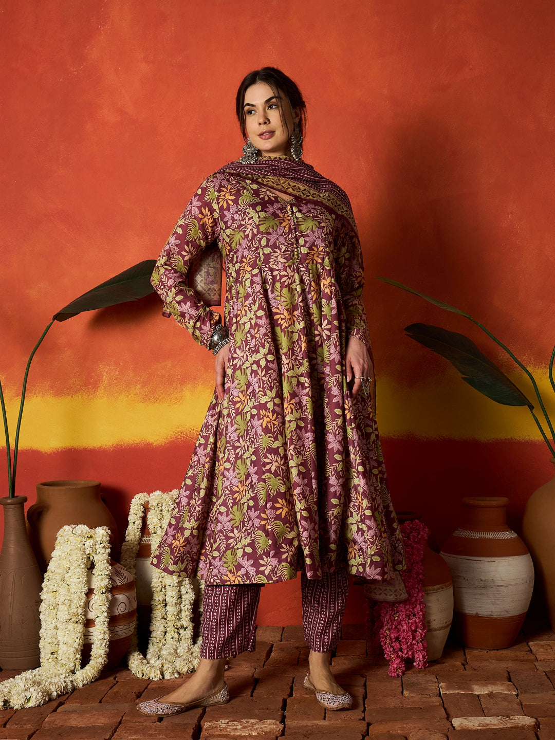 Floral Printed Rayon Anarkali Kurta Pant Dupatta Set