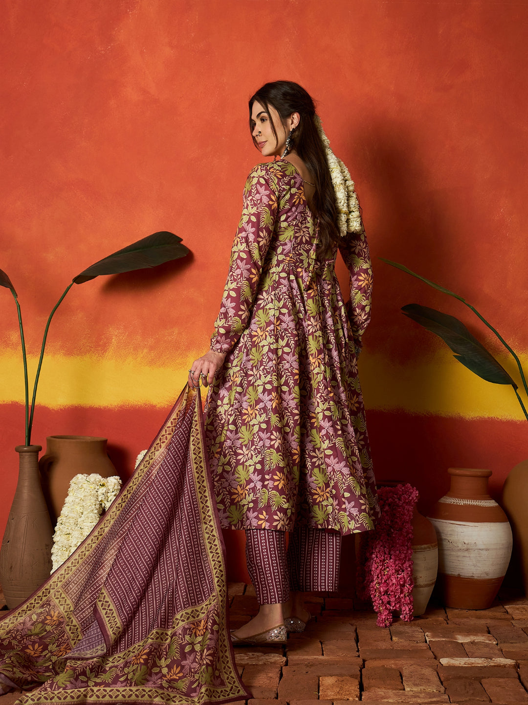 Floral Printed Rayon Anarkali Kurta Pant Dupatta Set