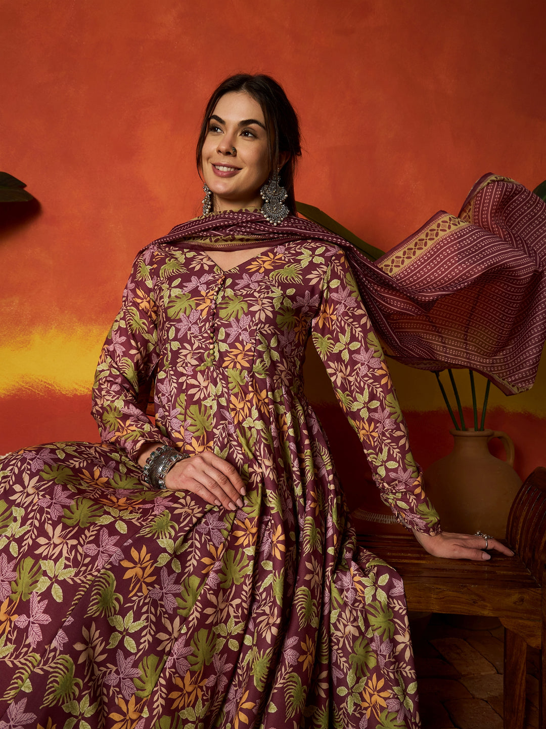 Floral Printed Rayon Anarkali Kurta Pant Dupatta Set