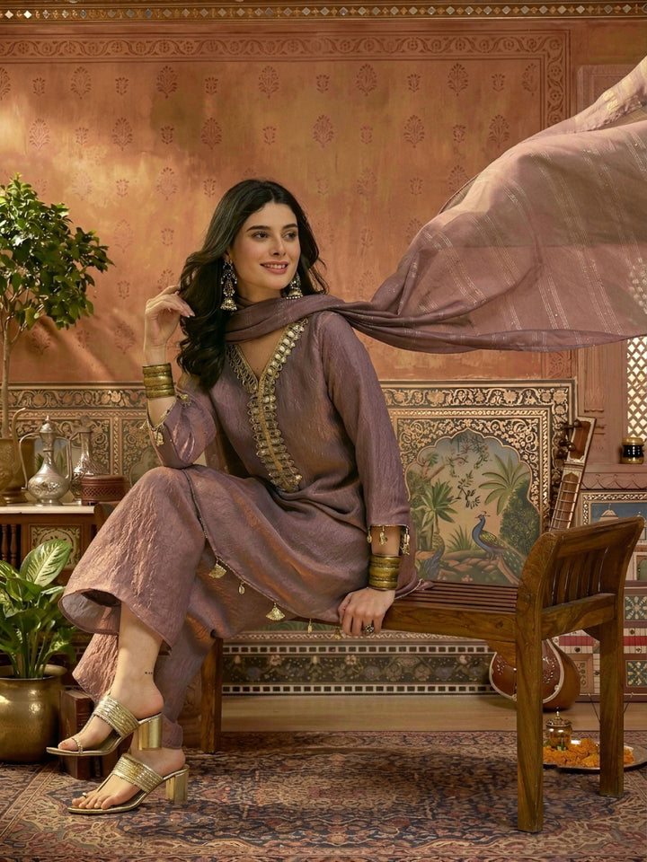 Solid &amp; Embroidered Poly Silk A-Line Kurti Palazzo Dupatta Set