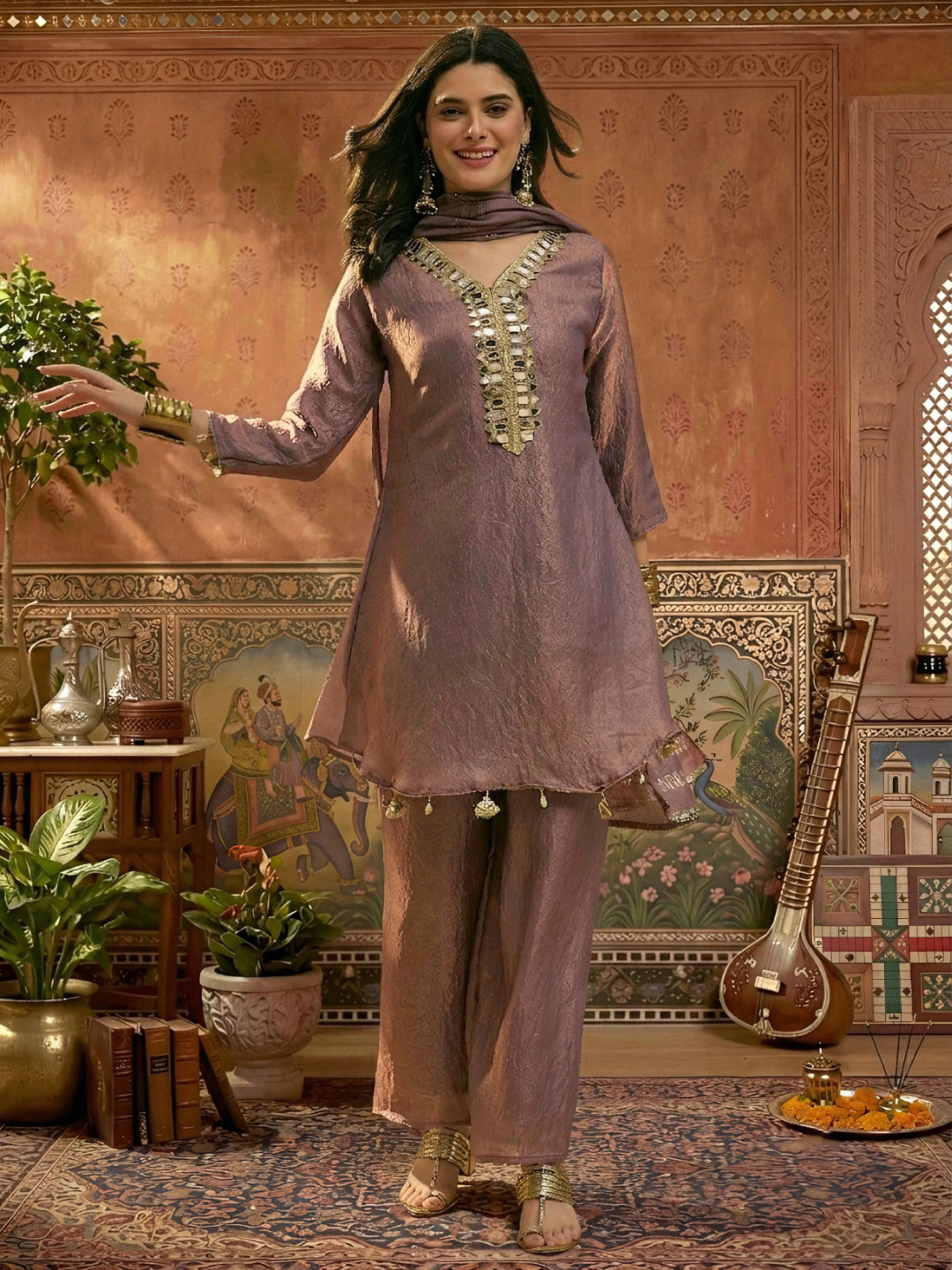 Solid &amp; Embroidered Poly Silk A-Line Kurti Palazzo Dupatta Set