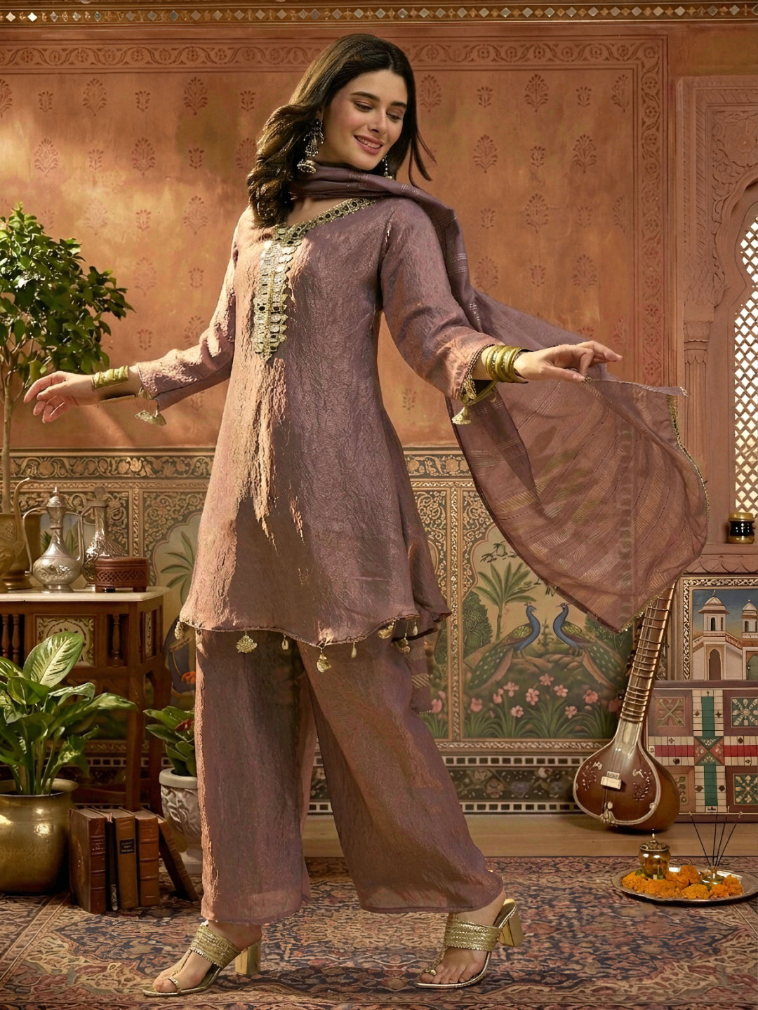Solid &amp; Embroidered Poly Silk A-Line Kurti Palazzo Dupatta Set