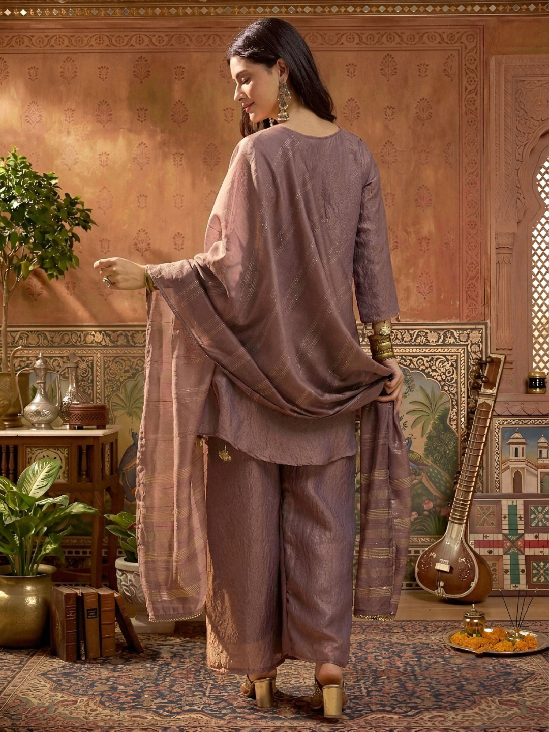 Solid &amp; Embroidered Poly Silk A-Line Kurti Palazzo Dupatta Set