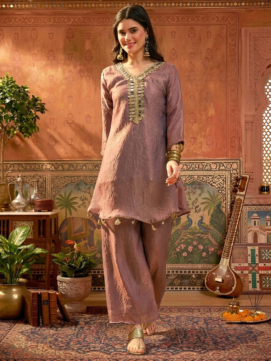Solid &amp; Embroidered Poly Silk A-Line Kurti Palazzo Dupatta Set