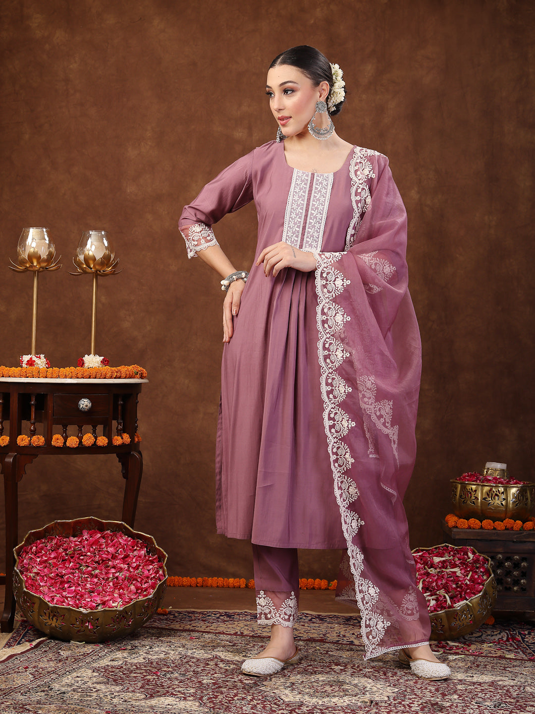 Mauve Embroidered Silk Blend Straight Kurta Pant Dupatta Set (Pre-Order)