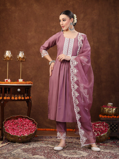 Mauve Embroidered Silk Blend Straight Kurta Pant Dupatta Set (Pre-Order)