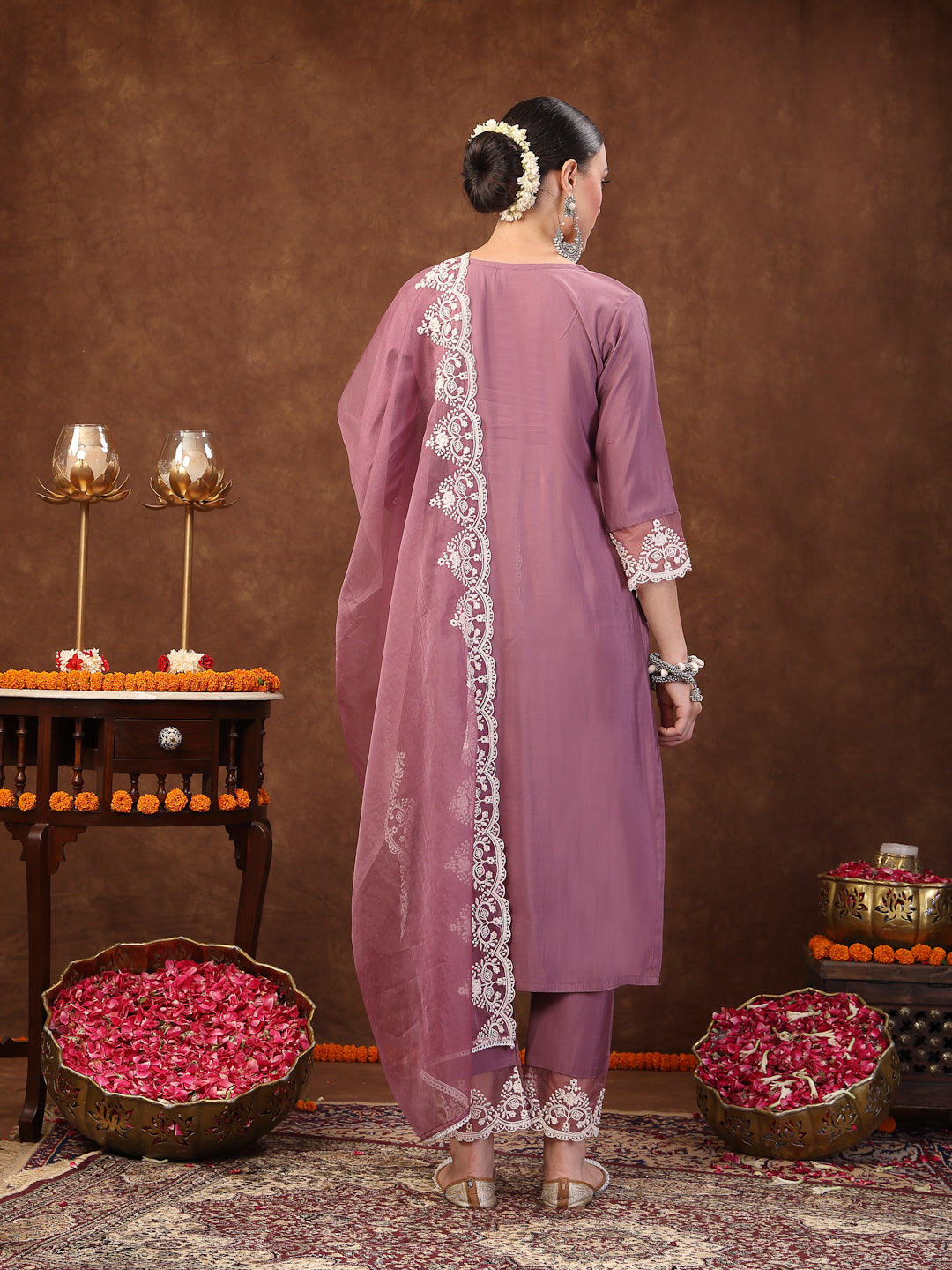 Mauve Embroidered Silk Blend Straight Kurta Pant Dupatta Set (Pre-Order)