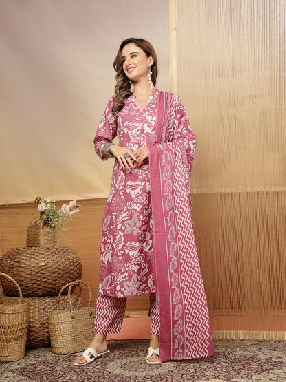 Floral Printed Cotton Blend Straight Kurta Pant Dupatta Set