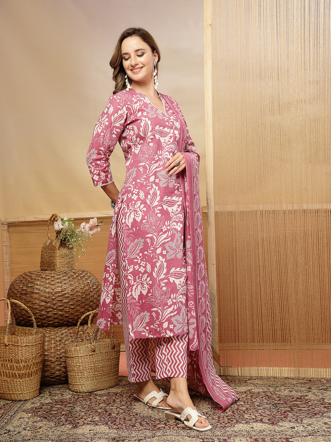 Floral Printed Cotton Blend Straight Kurta Pant Dupatta Set