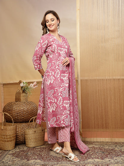 Floral Printed Cotton Blend Straight Kurta Pant Dupatta Set