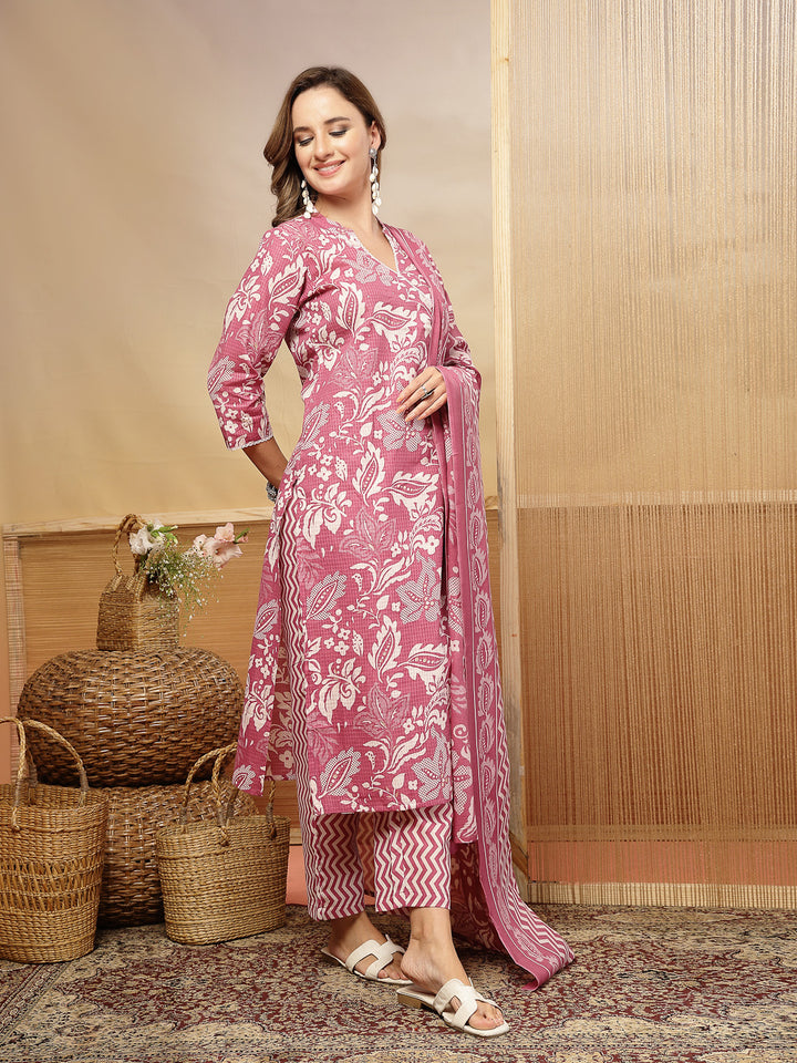 Floral Printed Cotton Blend Straight Kurta Pant Dupatta Set