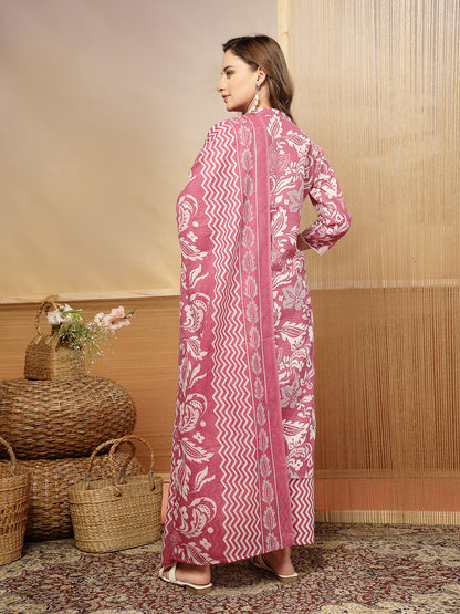 Floral Printed Cotton Blend Straight Kurta Pant Dupatta Set