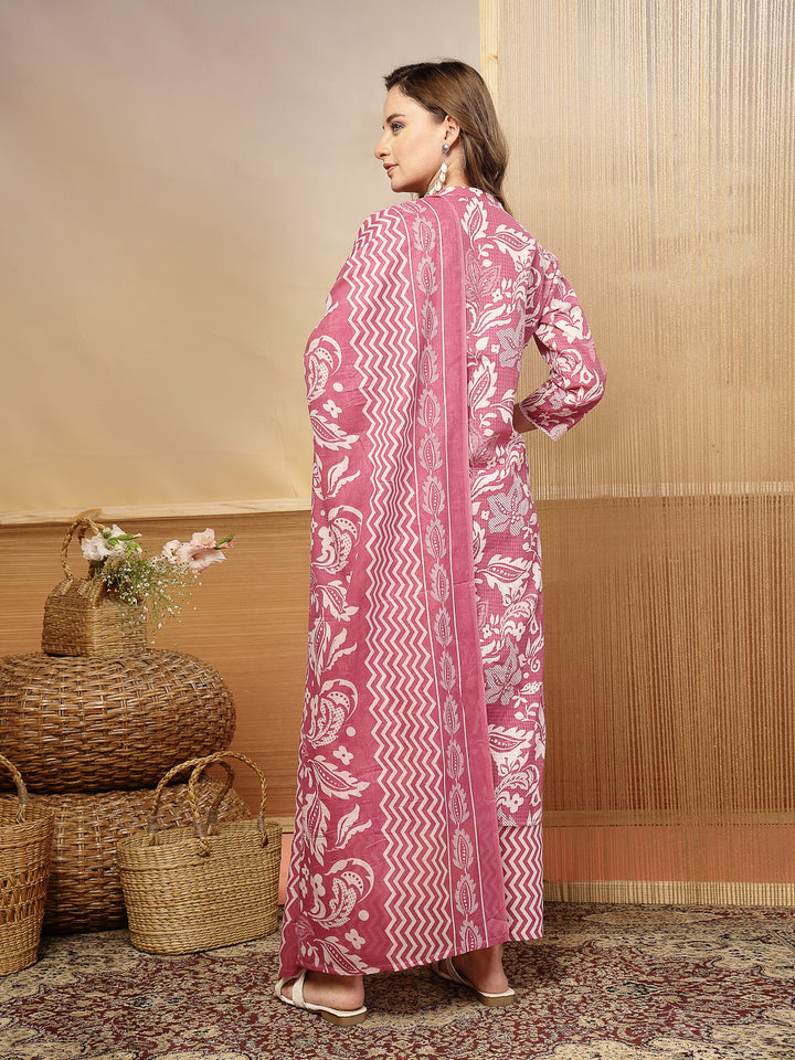 Floral Printed Cotton Blend Straight Kurta Pant Dupatta Set